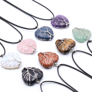 Silver tree of life wire wrapped heart pendants with natural amethysts and colorful gemstones