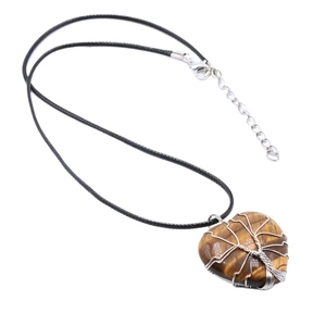 Tiger eye heart pendant with silver wire wrap tree of life design on black cord