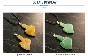Detail of axe-shaped pendants made from Tiger Eye and Green Aventurine natural stones