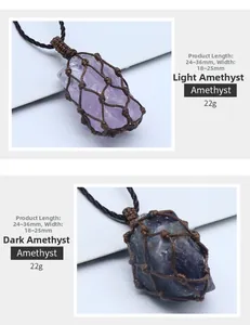 Vue détaillée du pendentif améthyste brute avec filet tissé à la main et dimensions de l'objet