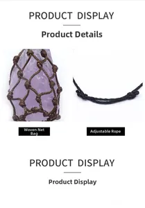 Détail de la pochette en filet marron avec pendentif en cristal d'améthyste violet