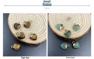 Detailed view of heart-shaped tiger eye and green aventurine pendants with gold edges