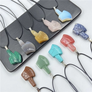 Set of multi-color gemstone axe pendants in rose quartz and agate with black cord
