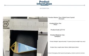 Detailed measurement of 36x20mm pyramid crystal pendant with gold plating details