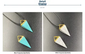 Detailed view of geometric pyramid pendants in blue and white turquoise synthetic stone
