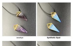 Detail view of amethyst and synthetic opal geometric prism pendants with gold bails