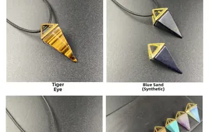 Detailed macro view of Tiger Eye and Blue Sandstone geometric pyramid pendants