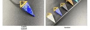 Macro shot of geometric lapis lazuli and natural stone cone pendants with gold hardware