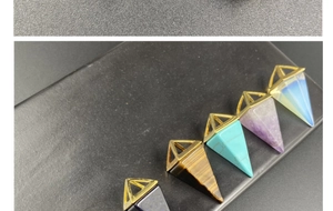 Detailed set of geometric pyramid pendants in amethyst, tiger eye and varied gemstones