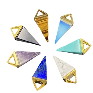 Set of seven geometric pyramid crystal pendants with gold clasps in various natural stones