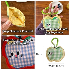 Mini green checkered apple-shaped pouch with cartoon embroidery and stretch lanyard