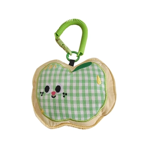 Cute green checkered apple plush case pendant with smiling cartoon face for earphones