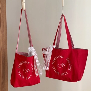 Sac Cabas en Toile pour Femmes Grande Capacité Sac Bandoulière Broderie de Lettres Élégante Décor de Noeud en Dentelle Sac