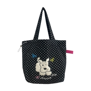 Black polka dot canvas shoulder bag with cartoon dog embroidery and Happy Day text