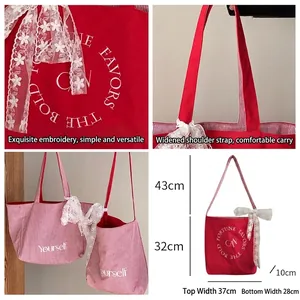 Sac fourre-tout en toile rouge avec broderie et design rayé réversible pour le quotidien
