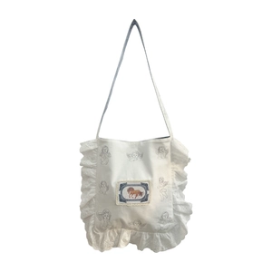 Sac bandoulière en toile beige style japonais avec motifs anges et dentelle chic