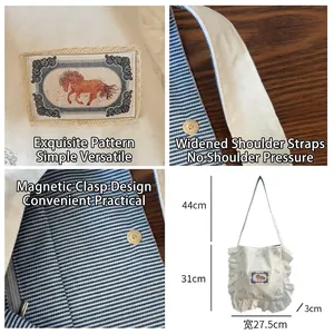 Sac fourre-tout en toile blanche de style japonais avec dentelle et motif de cheval