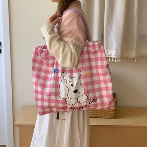 Sac fourre-tout à carreaux roses avec dessin animé de chien et bandoulière fleurie