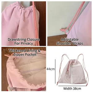 Pink polka dot drawstring backpack with adjustable straps and 44x38cm size details