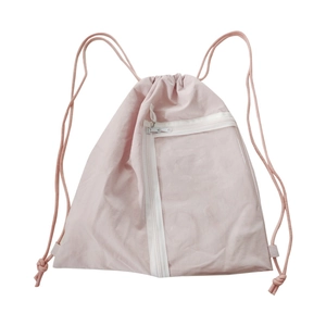Pink polka dot transparent ita bag with drawstring straps and clear front PVC pocket