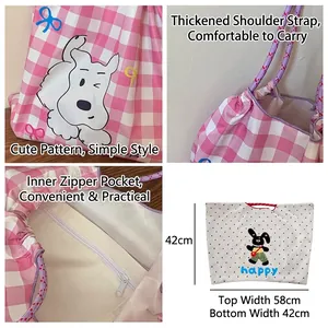 Grand sac cabas rose à carreaux et pois avec motifs de chien et lapin en dessin animé