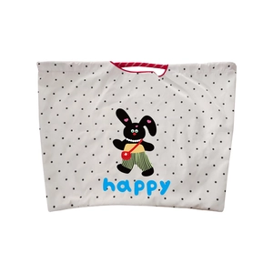 Sac fourre-tout à pois blancs avec un lapin de dessin animé mignon et texte Happy
