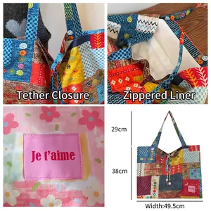 Sac fourre-tout en toile patchwork ethnique avec fermeture à cordon et dimensions