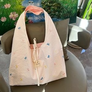 Sac Fourre-tout Réversible Esthétique Coton Gaufrette Broderie Nœud Doux Grande Capacité Sac À Main Bandoulière Femmes