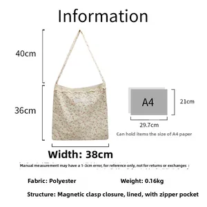 Fiche technique du sac en toile florale montrant dimensions, poids et structure interne