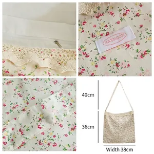 Sac fourre-tout floral en toile avec bordure en dentelle blanche pour femme