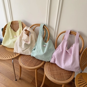 Women Bubble Texture Pleated Tote Bag French Style Polyester Large Capacity Shoulder Handbag Sweet Fresh Casual