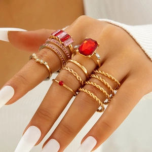 Bohemian Vintage Alloy Rings With Red Pink Artificial Gemstones Geometric Rhinestone Rings For Women Retro Style