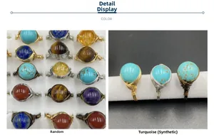 Detail of wire-wrapped semi-precious stone rings featuring amethyst and lapis lazuli