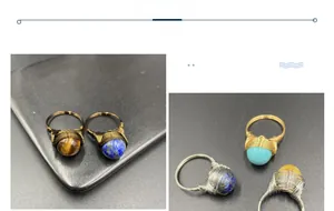 Detailed wire-wrapped natural crystal rings with tiger eye and lapis lazuli gemstones