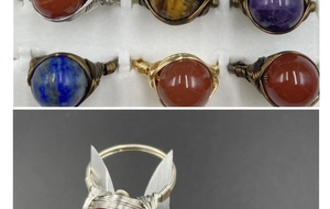 Detail of handmade wire-wrapped ring with polished round amethyst and lapis lazuli stones