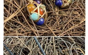 Detailed close-up of handmade wire-wrapped crystal pendant with natural colorful gemstones
