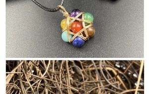 Detail of seven chakra stone pendant with gold wire wrapped star weaving on black cord
