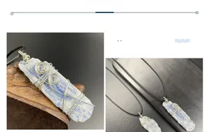 Vue détaillée du pendentif en cyanite brute avec un fil d'argent fait à la main