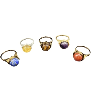 Set of five handmade wire wrapped rings with multi-colored semi-precious stone beads