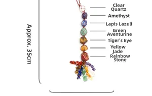 Dettaglio di cristalli curativi da 35 cm con varie pietre naturali e nappine colorate