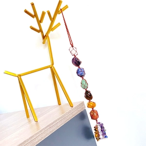 Handmade Seven Chakra raw crystal stone car hanging ornament on a geometric stand