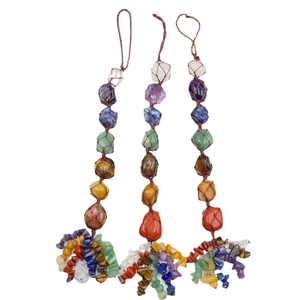 Three-piece natural 7 chakra crystal stone wall hanging decor with braided ropes