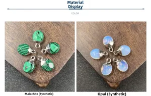 Detalle de colgantes de gota facetados en malaquita y ópalo con anillos de metal