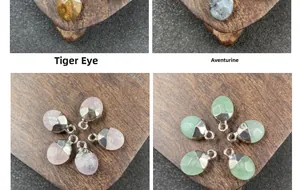 Detalle macro de colgantes de piedras semipreciosas talladas con tapas de plata