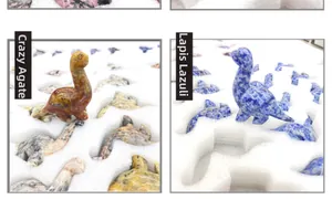 Detail of hand-carved Crazy Lace Agate and Sodalite dinosaur gemstone figurines