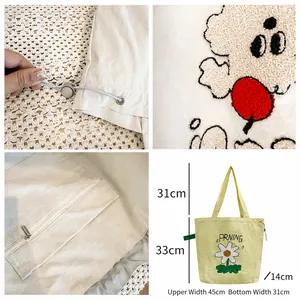 Yellow canvas tote bag with daisy embroidery and drawstring closure, large capacity style