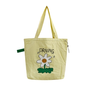 Bolso tote amarillo claro con bordado de margaritas y cierre de cordón primaveral