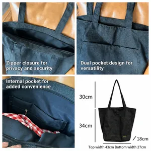 Grande borsa tote in denim con doppie tasche e cerniera, dettagli delle dimensioni