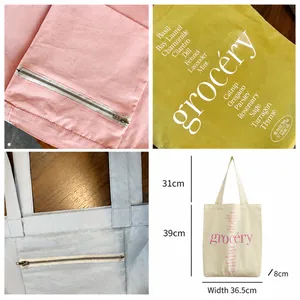 Bolso tote de lona minimalista con estampado GROCERY en rosa amarillo azul y blanco