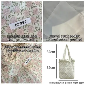 Floral canvas tote bag with ruffle trim and Bisket label for casual commuting